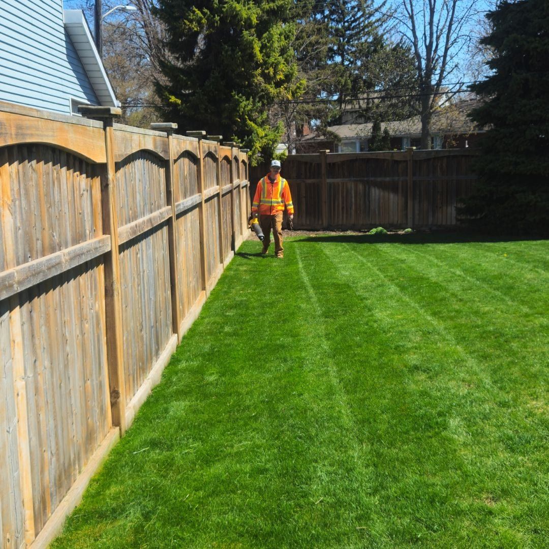 Lambton Maintenance Men crew member walking a freshly striped lawn along a fence