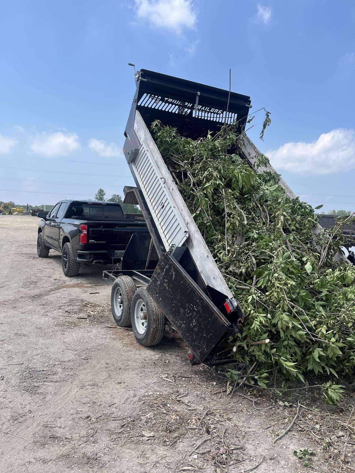 A dump trailer unloading branches and yard debris