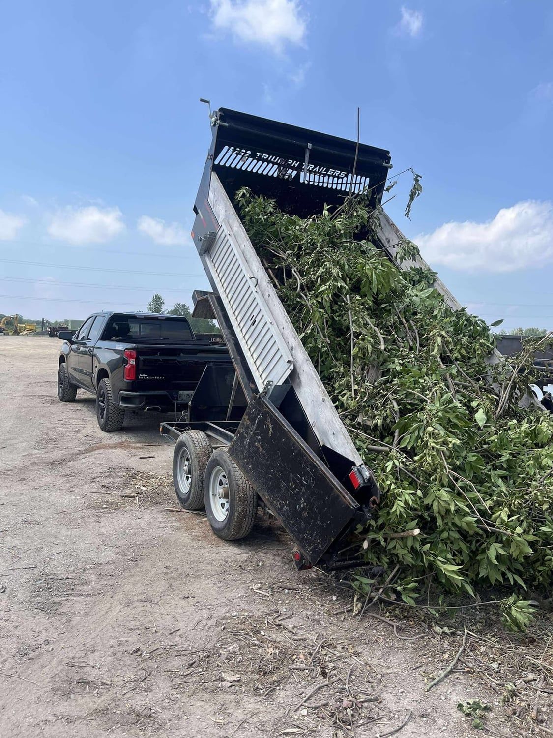 A dump trailer unloading branches and yard debris