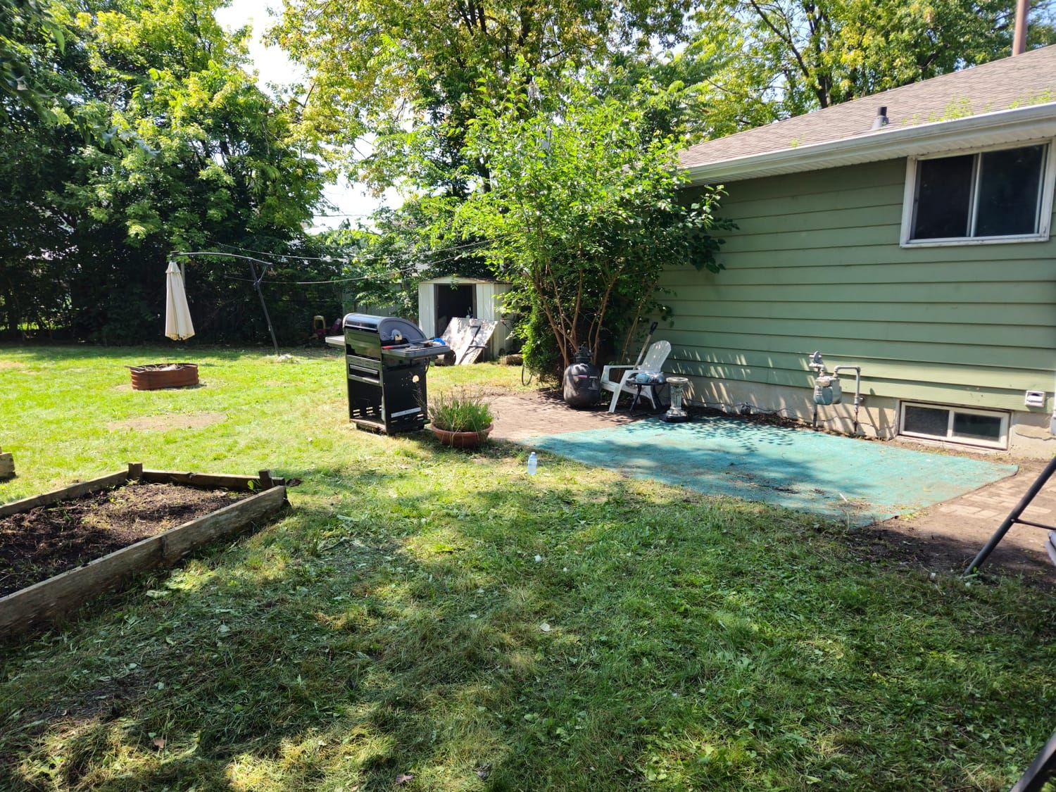 A backyard lawn maintained around a pool
